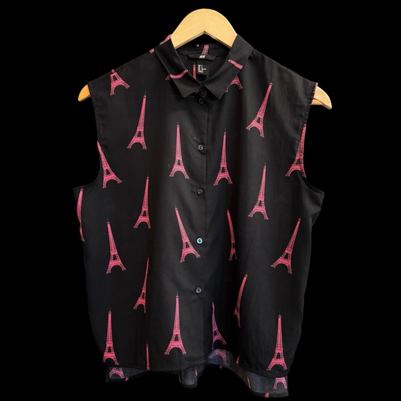 H&M Tops - H&M Pink & Black Eiffel Tower‎ Sleeveless Button-down Top Size S #256